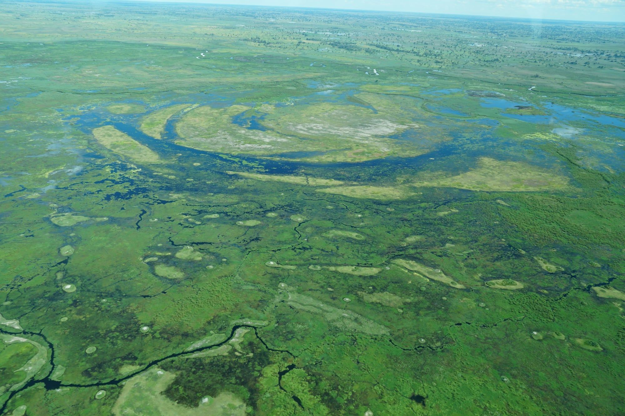 De Okavangodelta vanuit de lucht: waterlopen door een groen moeras